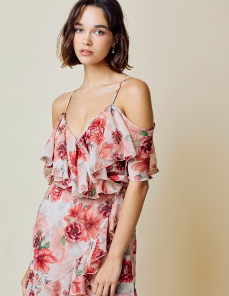 Printed short party dress with ruffles detail