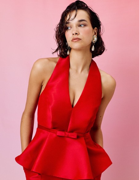 Top de fiesta de peplum con escote halter y lazo