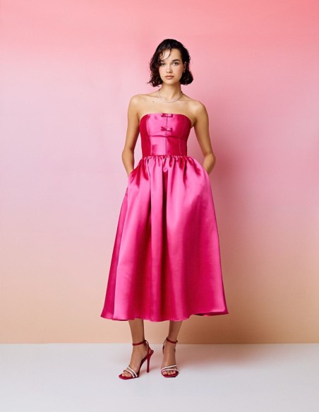 Midi party dress with bandeau neckline and flouncy skirt