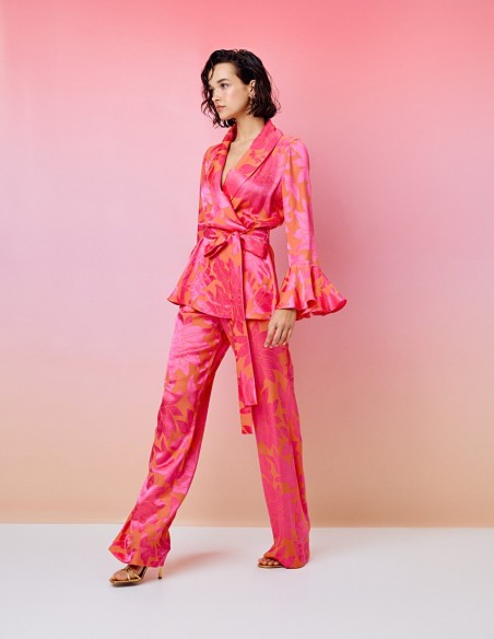 Fluid long party trousers in printed fabric