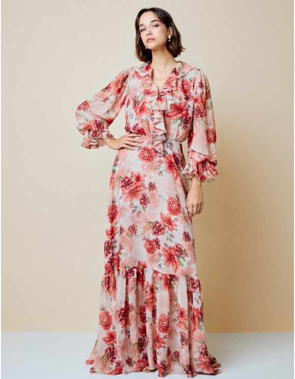 Flowing long party dress with floral print