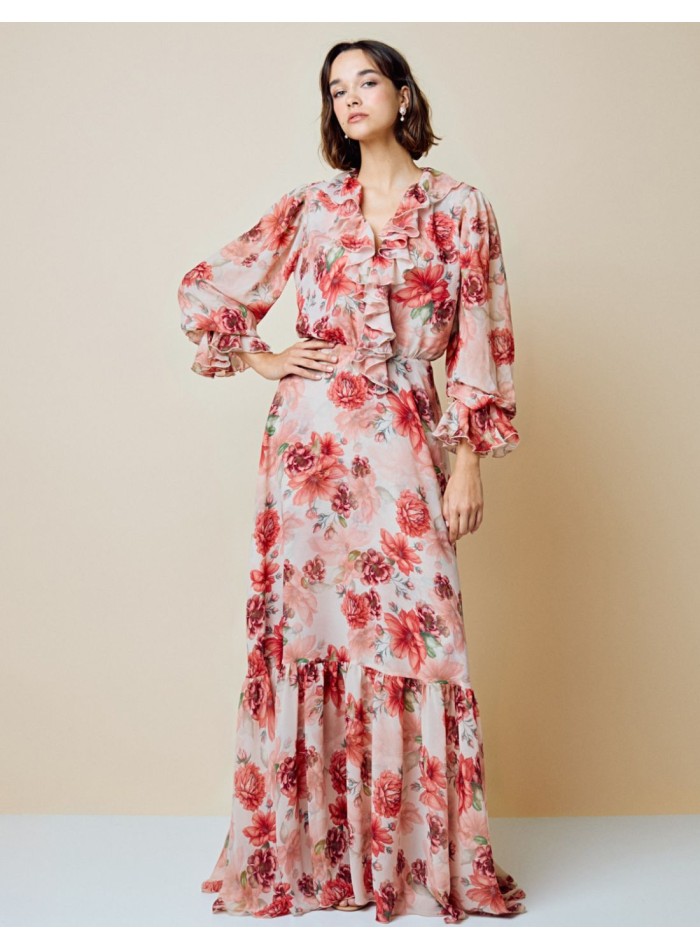 Flowing long party dress with floral print