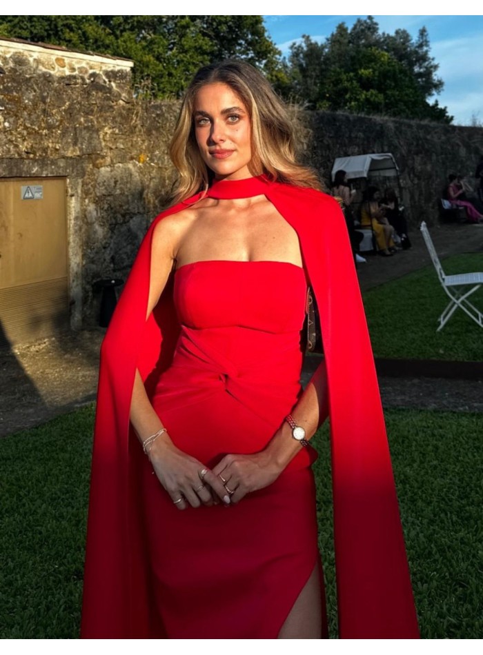 Long party dress with ruching and cape for guests