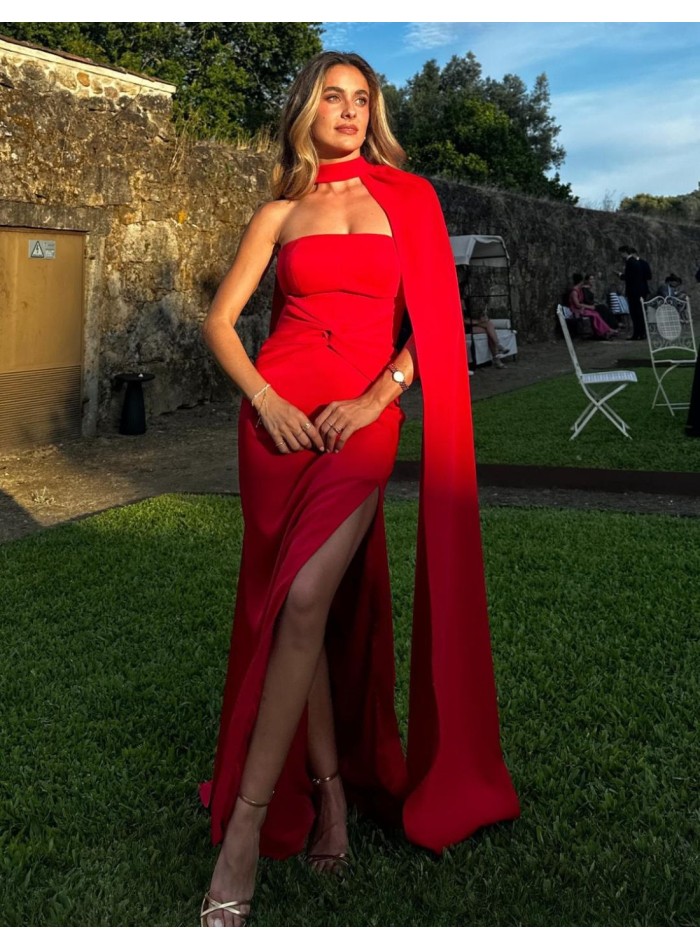 Long party dress with ruching and cape for guests