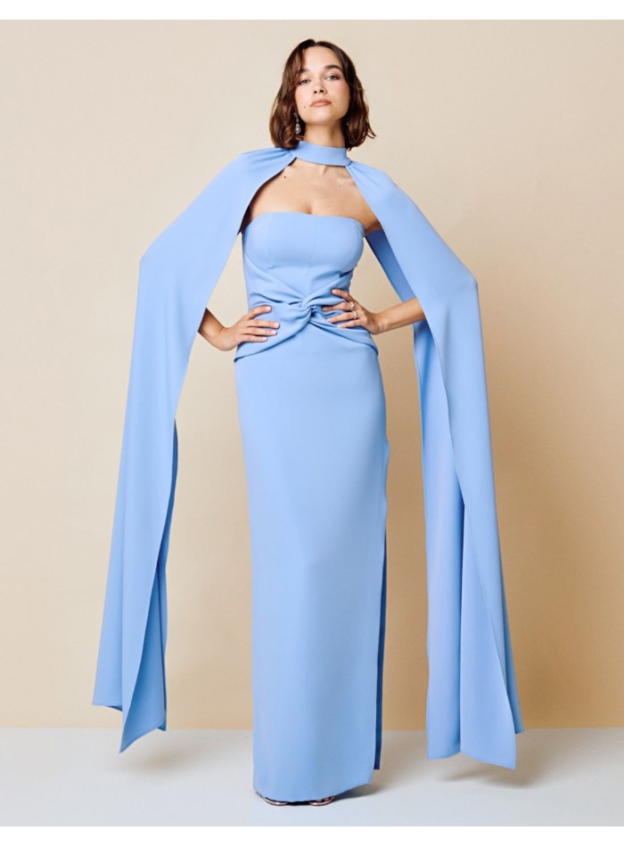 Long party dress with ruching and cape for guests