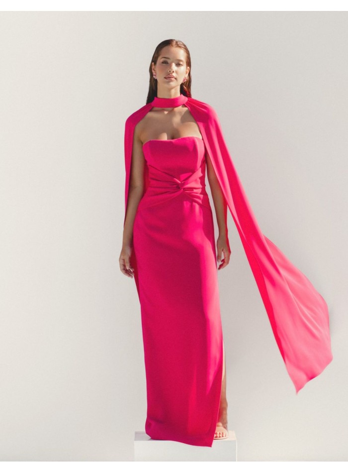 Long party dress with ruching and cape for guests