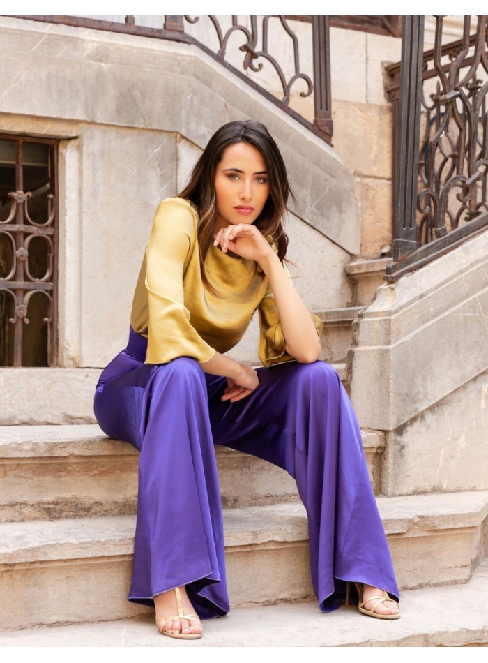 French sleeve top with long straight trousers set