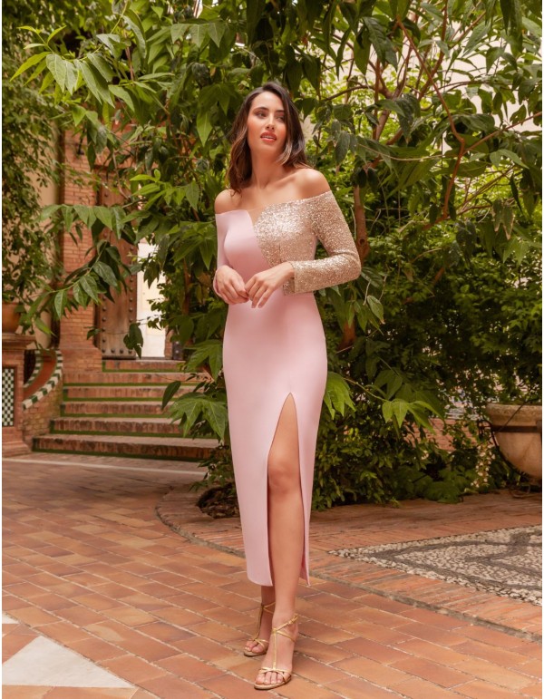 Robe de soirée midi avec encolure bandeau et sequins