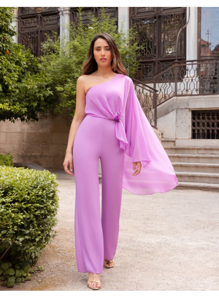 Mauve long party jumpsuit with asymmetrical neckline and cape