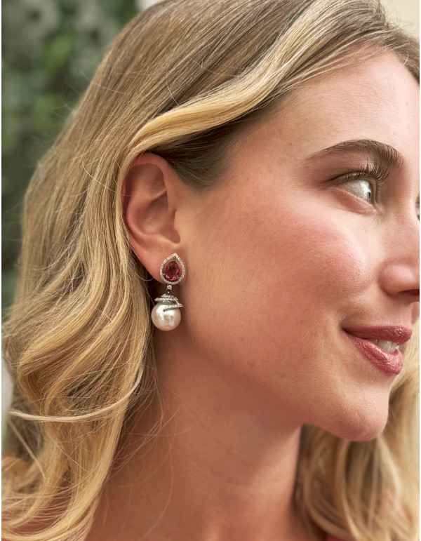 Party earrings with zirconia, pearl and semiprecious stone