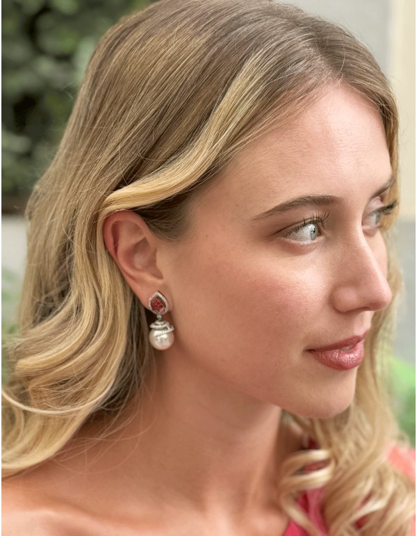 Party earrings with zirconia, pearl and semiprecious stone 2