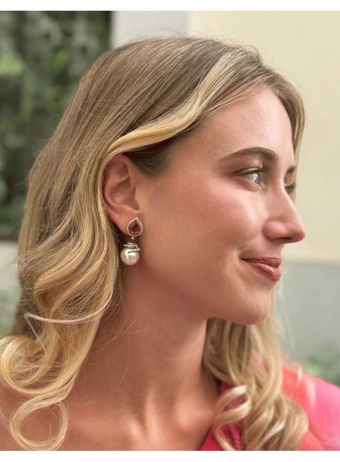 Pendientes de fiesta con circonitas, perla y piedra semipreciosa