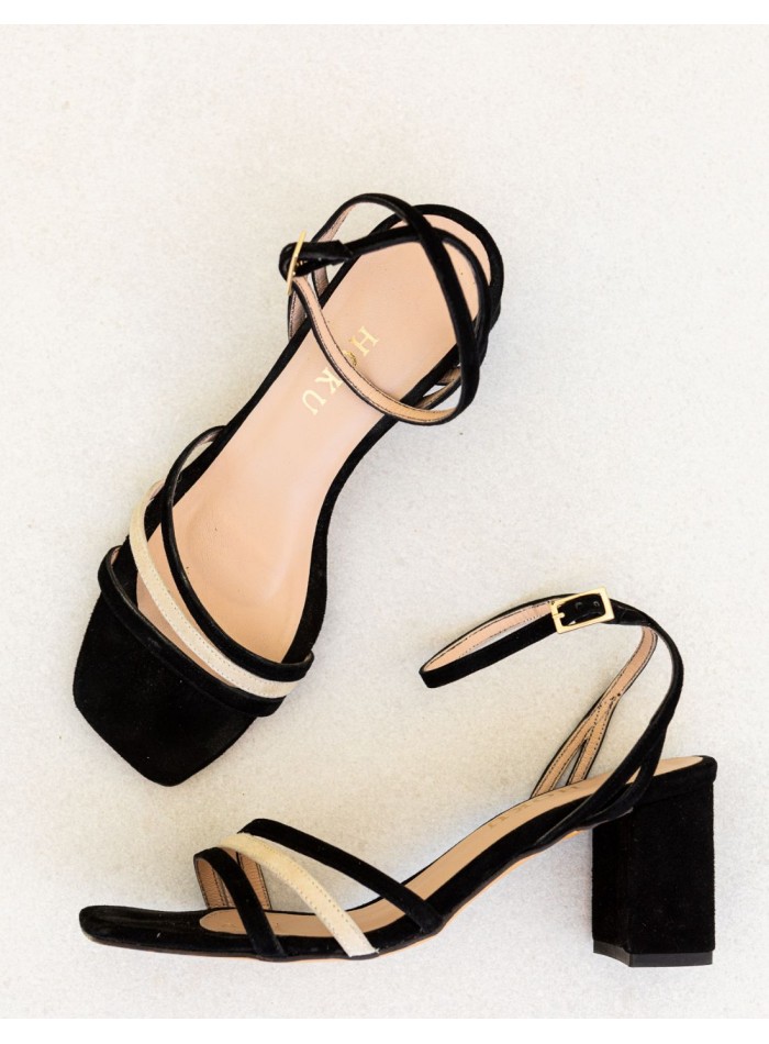 Two-tone party sandal with square suede heel