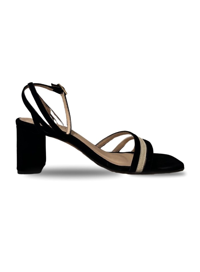 Bicolour party sandal with square suede heel