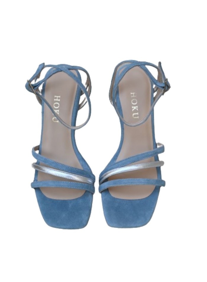 Blue party sandal with straps tied at the ankle