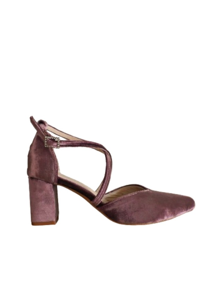 Purple velvet party shoes with wide heels