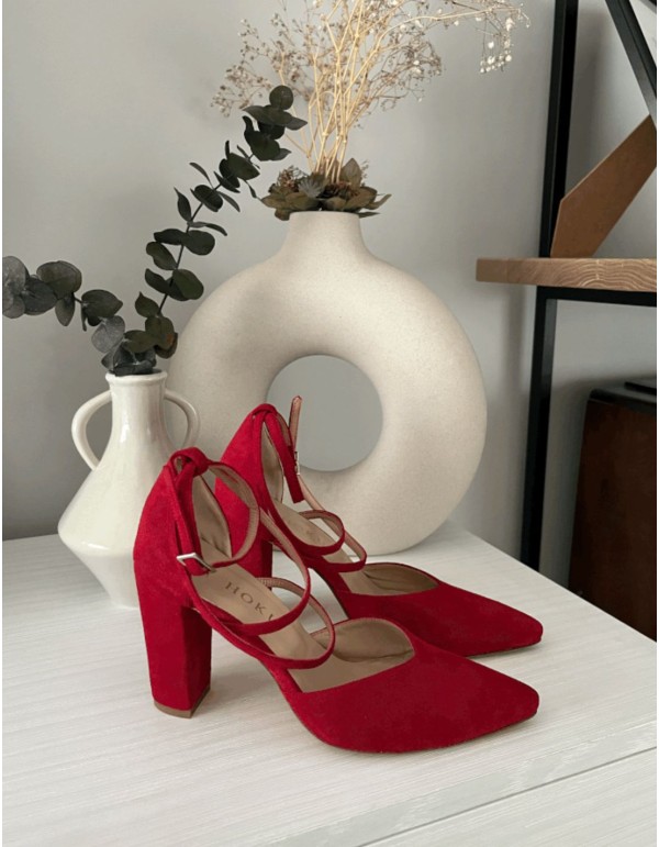 Zapato salón de fiesta rojo de ante con tiras cruzadas 2