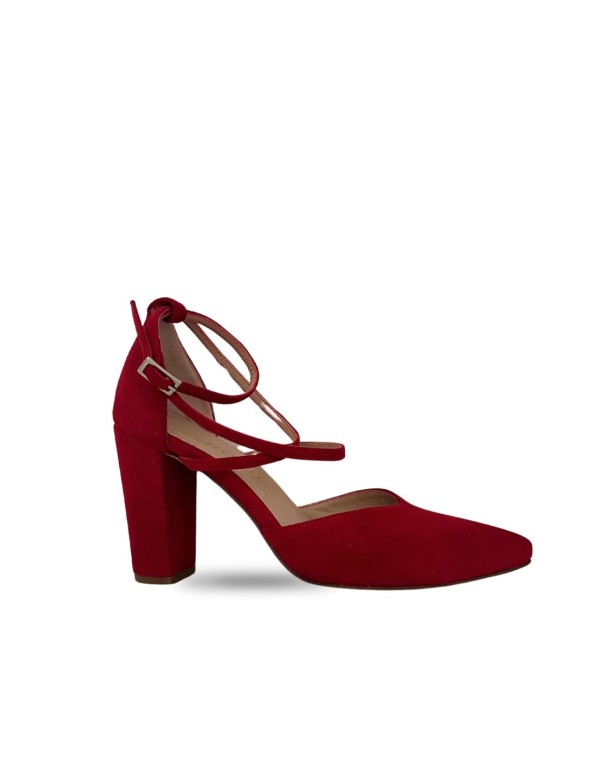 Zapato salón de fiesta rojo de ante con tiras cruzadas