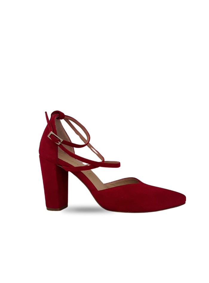 Red suede party shoes with crossed straps