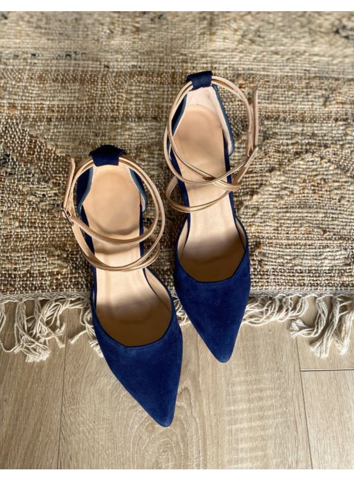 Navy blue suede pumps with gold details