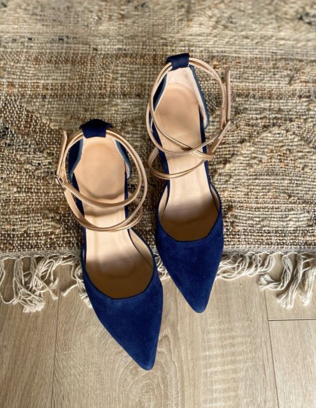 Navy blue suede pumps with gold details