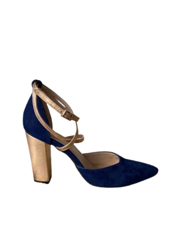 Navy blue suede pumps with gold details