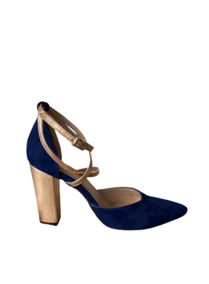 Escarpins en daim bleu marine avec détails dorés