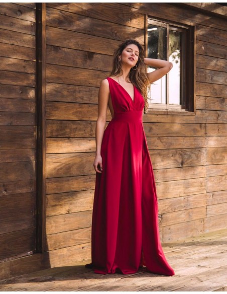 Long dress in open back and wide straps in cherry by MAUI