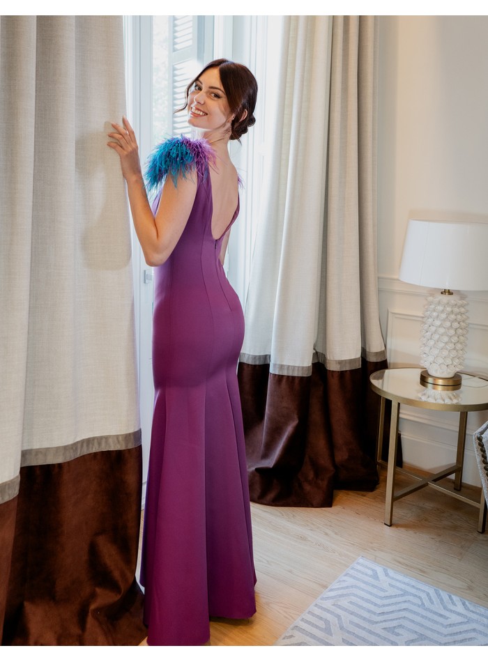 Long mermaid party dress with feathered shoulders