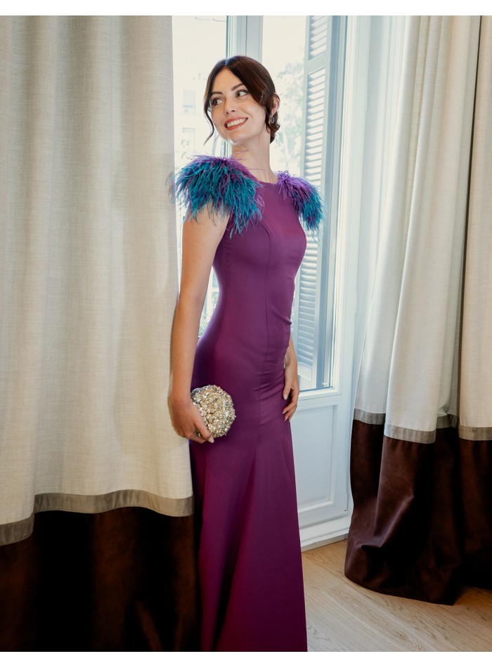 Long mermaid ball gown with feather shoulders