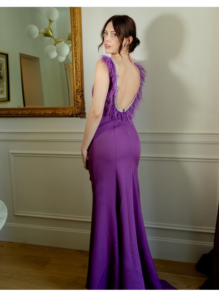 Long party dress with feathered back neckline