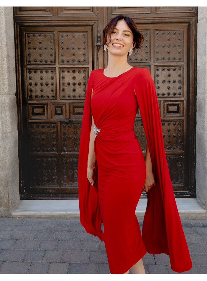 Midi party dress with long sleeve cape and draped at the waist