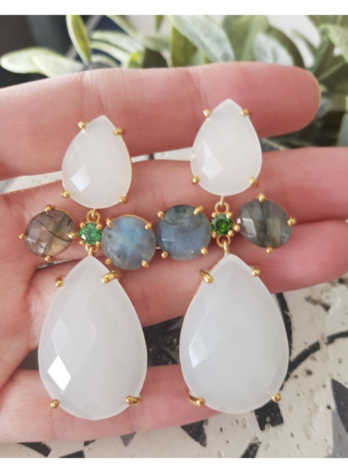 Long earrings with white quartz stones - Crete