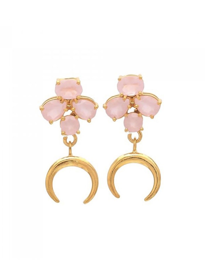 Long earrings with pink stones and golden moon - Moon Welowe - 1