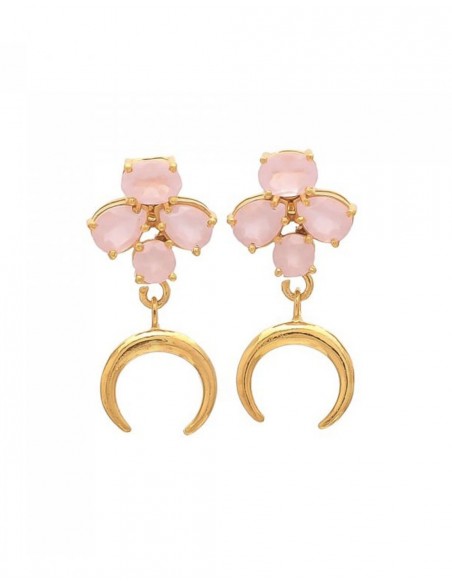 Long earrings with pink stones and golden moon - Moon Welowe - 1 Long earrings with pink stones and golden moon - Moon Welowe - 1