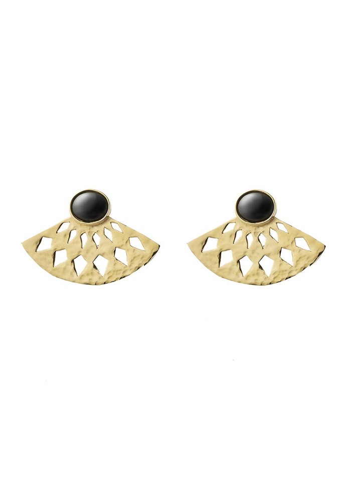 Pendientes abanico dorados con piedra negra de Li Jewels para INVITADISIMA