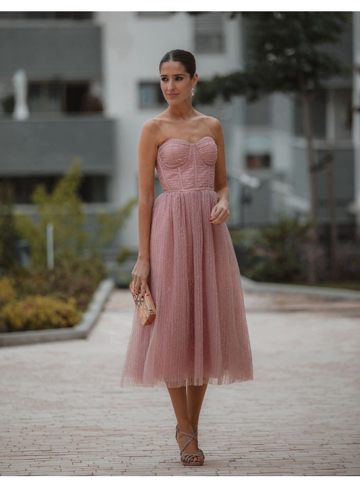 Midi ball gown with corset bodice and tulle skirt