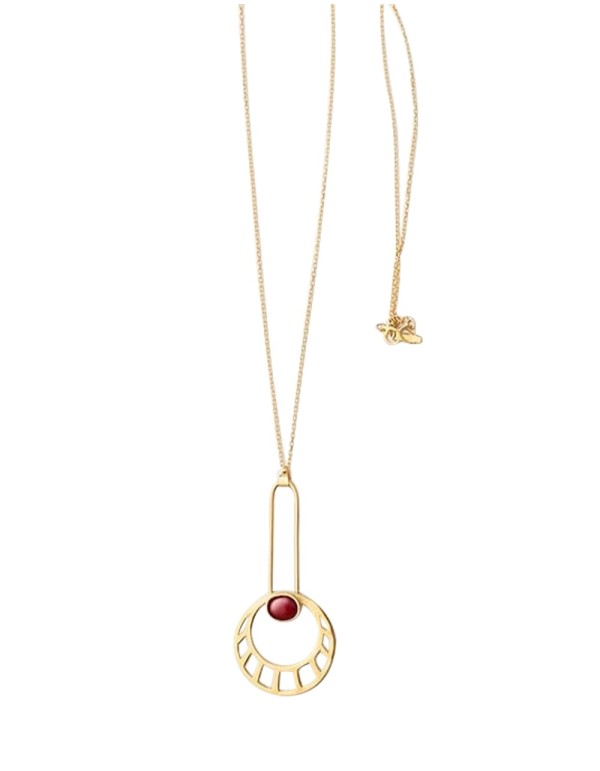 Golden sun necklace with red stone