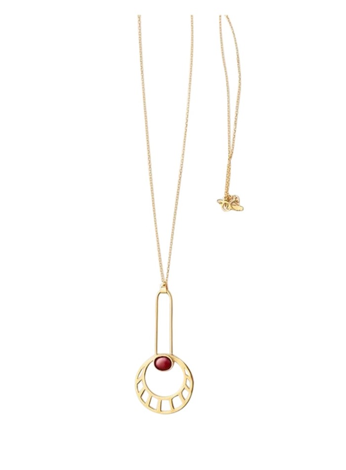 Golden sun necklace with red stone