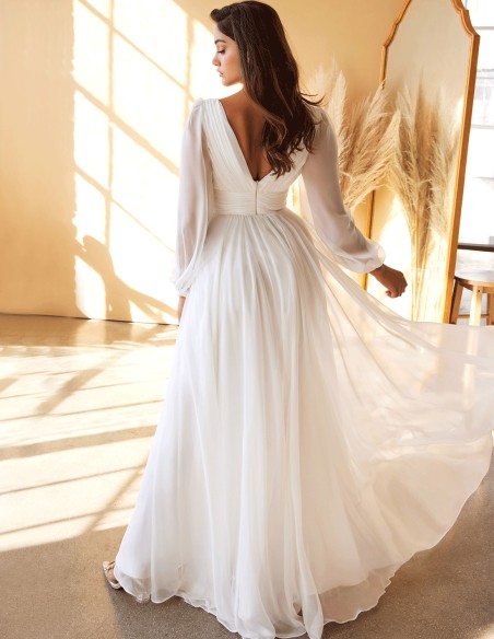 Chiffon wedding dress with long sleeves and V-neckline