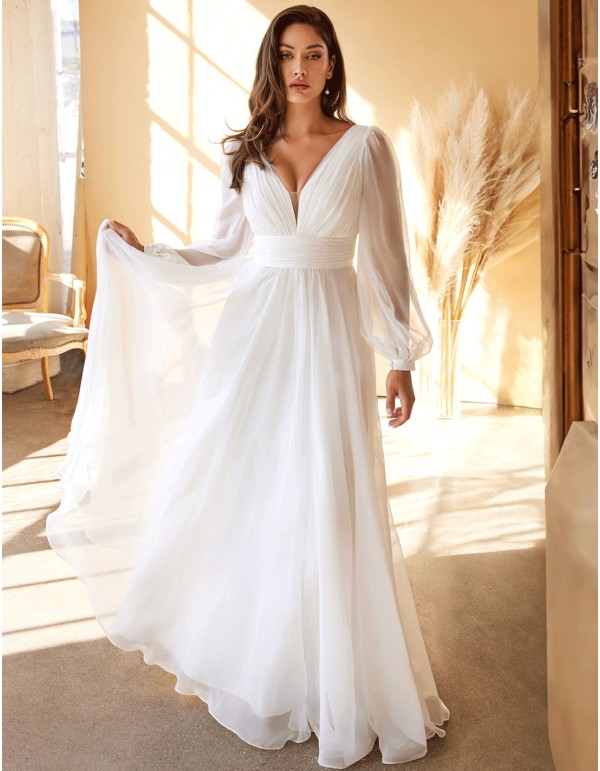 Vestido de novia de gasa de manga larga y escote en pico