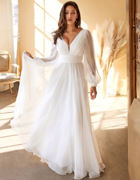 Vestido de novia de gasa de manga larga y escote en pico Vestido de novia de gasa de manga larga y escote en pico