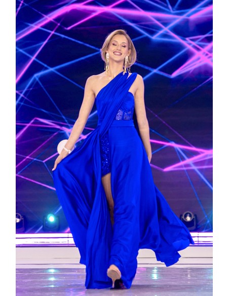 Robe de soirée longue avec encolure corsetée et surplis en satin bleu klein