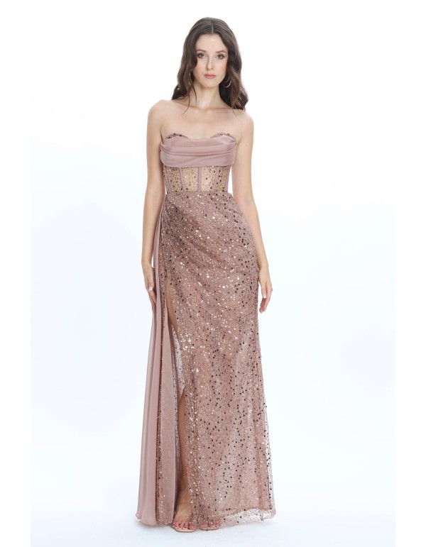 Long strapless maxi dress with strapless neckline and shiny fabric.