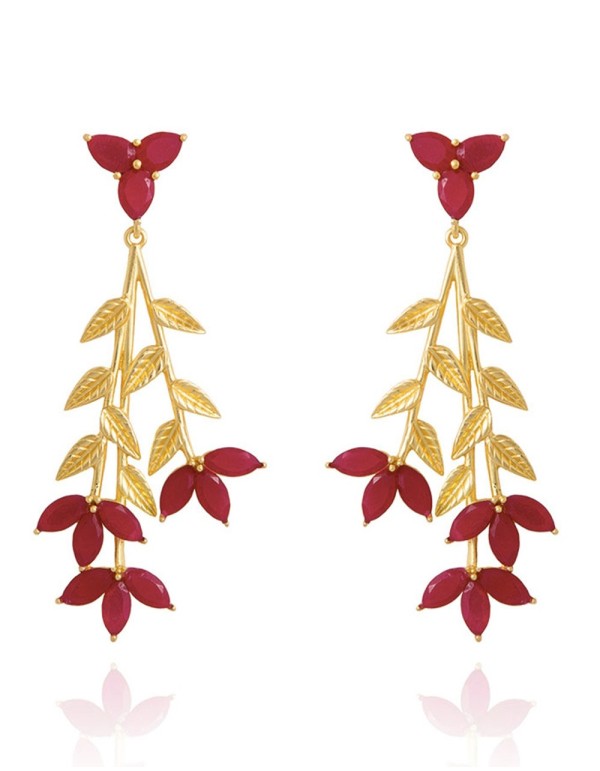 Festive earrings with rubies and small leaves