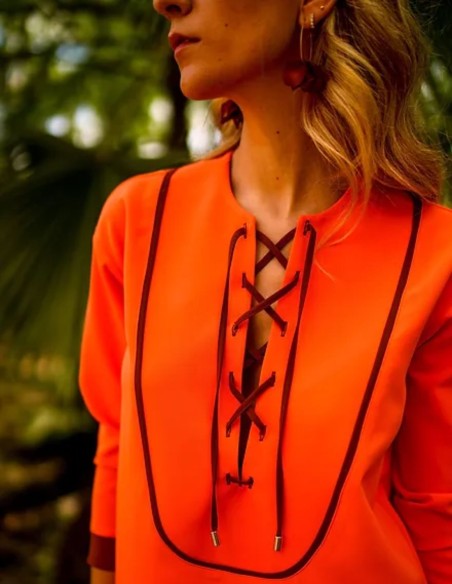 Orange kaftan style guest dress with black detailing