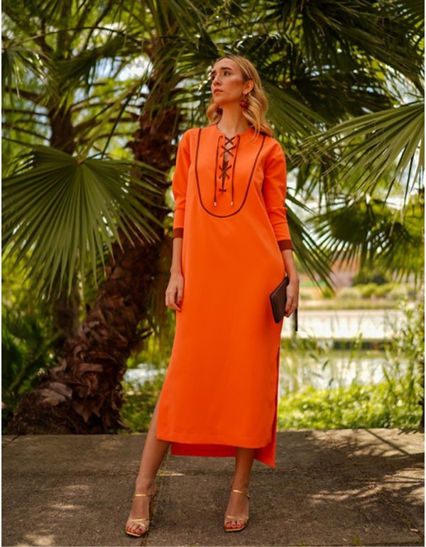 Orange kaftan style guest dress with black detailing
