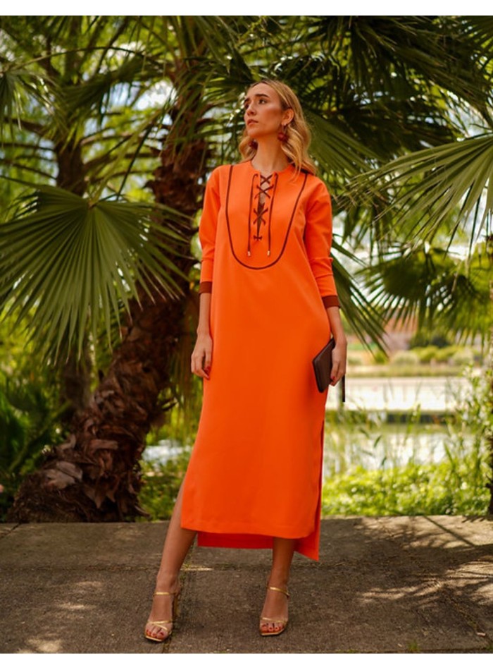 Orange kaftan style guest dress with black detailing