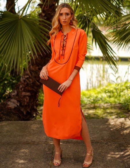 Orange kaftan style guest dress with black detailing