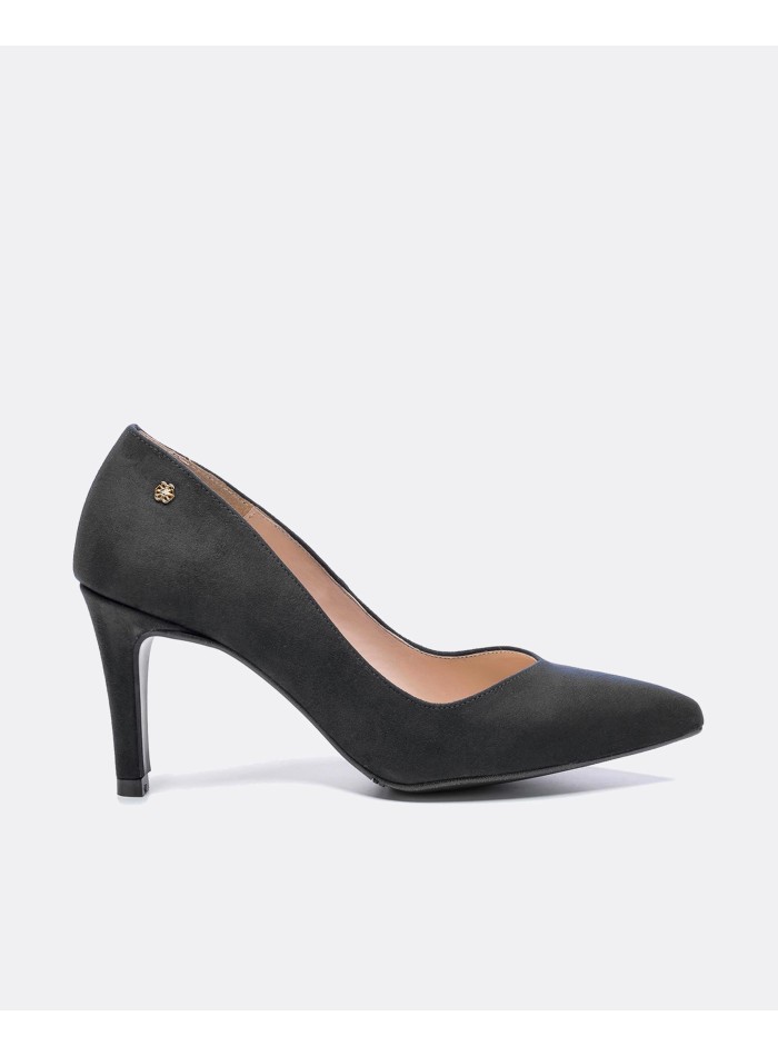 Black suede mid heel pump with medium heel